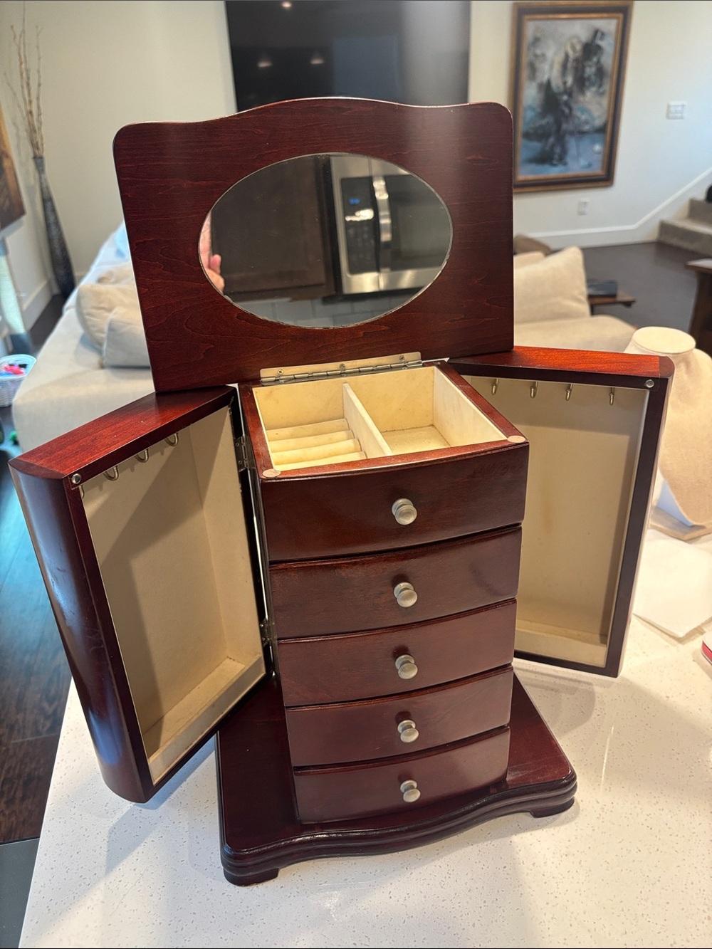 Wooden Jewelry Box Organizer with Mirror - Cherry Brown